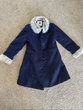 Janie and Jack Navy Coat with Faux-Fur Trim
